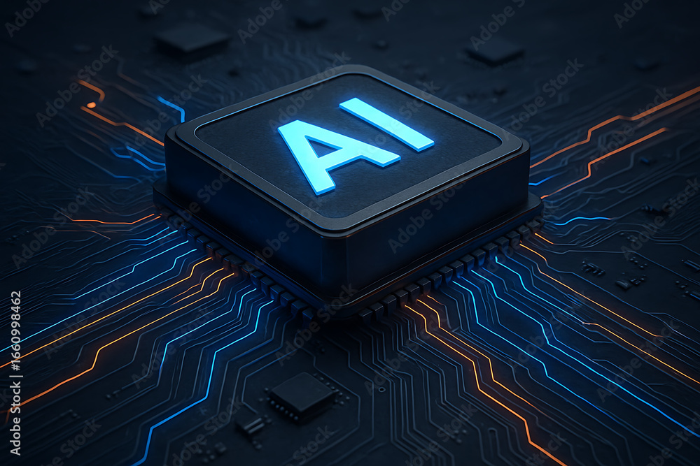 Poster a detailed close-up of a glowing ai chip on a futuristic circuit board, symbolizing advanced artific