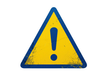 Isolated Worn Yellow Triangular Warning Sign with Blue Border and Exclamation Mark