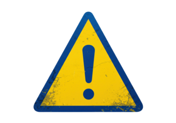 Isolated Worn Yellow Triangular Warning Sign with Blue Border and Exclamation Mark