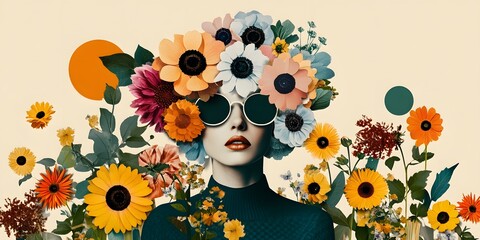 Portrait of a woman with lots of flowers in paper collage design.