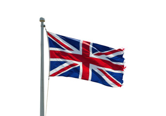 Isolated Waving Union Jack Flag of Great Britain on a Flagpole