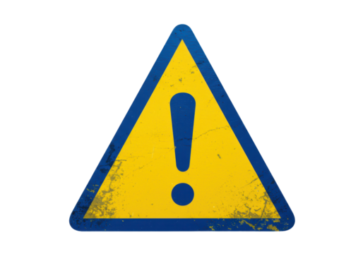 Isolated Worn Yellow Triangular Warning Sign with Blue Border and Exclamation Mark