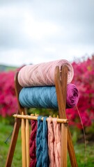 Colorful yarn spools on wooden stand amidst fall foliage
