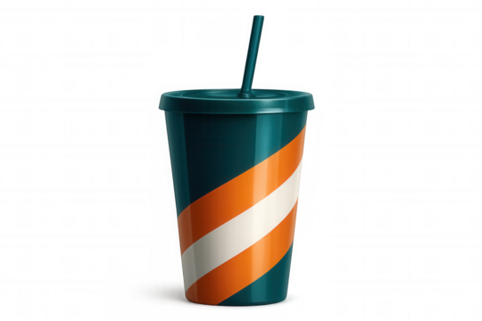 Teal and orange disposable paper cup with white stripes and a straw, isolated on a transparent background, ideal for showcasing beverages or branding
