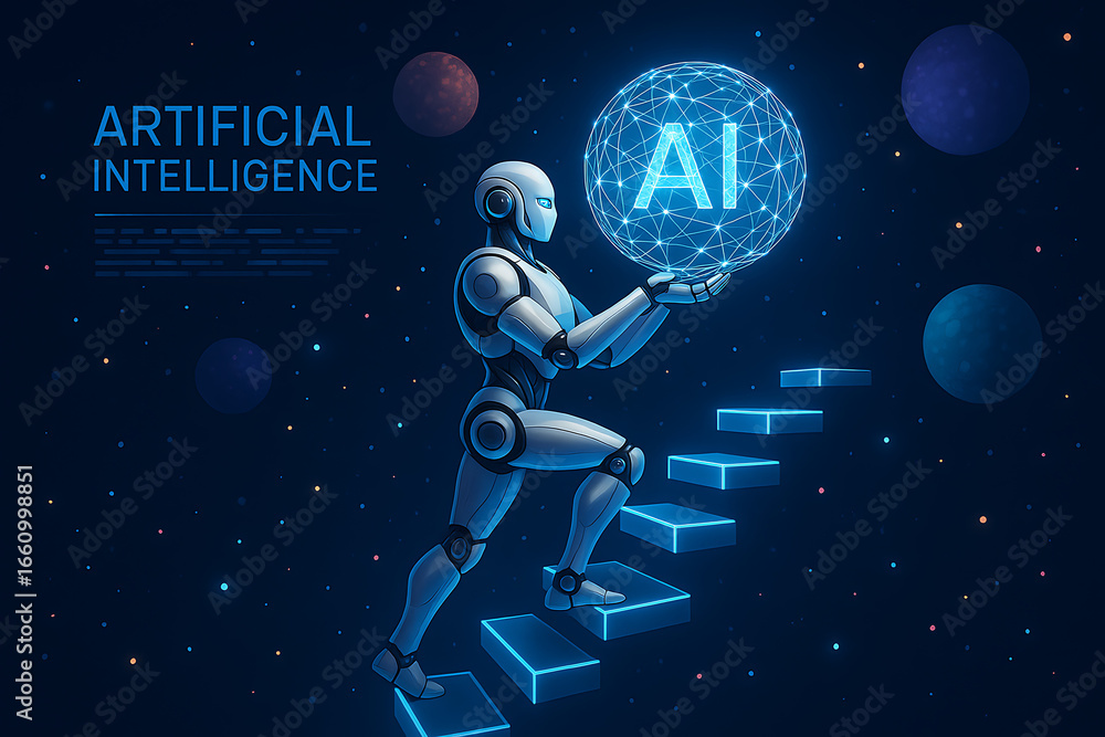 Poster a futuristic robot made of glowing blue polygons climbing a staircase with a glowing sphere on its b