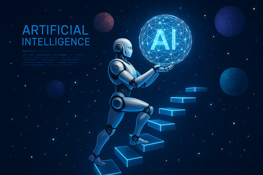 a futuristic robot made of glowing blue polygons climbing a staircase with a glowing sphere on its back symbolizing technological progress and challenges