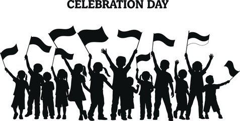 Children celebrating national day with flags in silhouette vector graphic