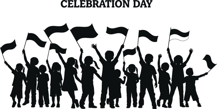 Children celebrating national day with flags in silhouette vector graphic