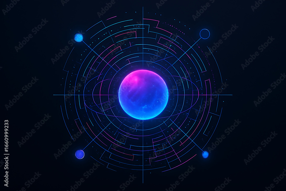 Poster abstract futuristic globe with neon lines and glowing lights in dark space background, data connecti