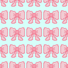 A pink bow cross-stitch pattern with a repeating pattern on a light blue background.