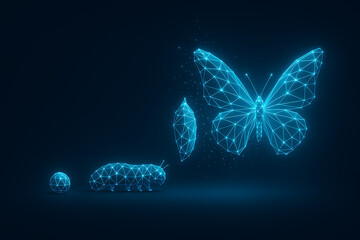 a digital butterfly metamorphosis from an egg, caterpillar, and cocoon to a butterfly made of glowing polygonal lines, technology growth