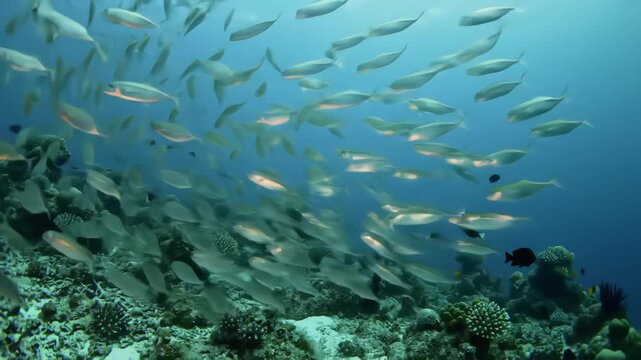 Large Group of Silver Fish Swimming in the Ocean