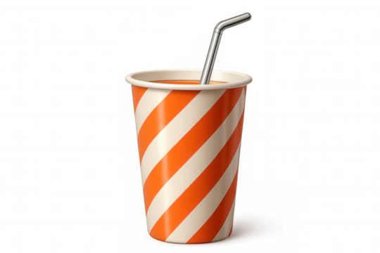Vibrant orange soda in paper cup, metal straw inserted, floating against transparent background, highlighting beverage design