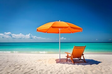 Beach chair and orange umbrella on a beautiful tropical beach