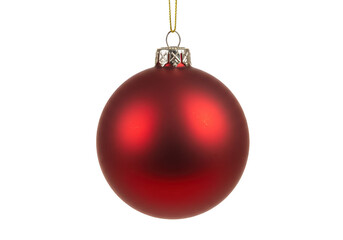 A single red shiny christmas ornament bauble hanging, isolated on transparent background