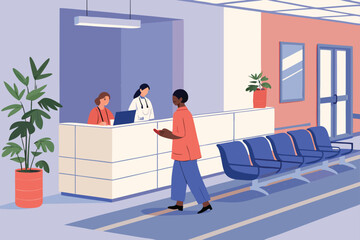 Hospital reception area with staff at front desk.