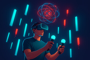 a man wearing vr glasses holding controllers in his hands in a futuristic virtual reality world with glowing objects and network lines