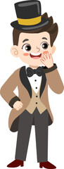 Cartoon Style Illustration of Smiling Young Magician Wearing Top Hat
