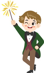 Cartoon Style Cheerful Boy Holding Sparkler Stick Illustration Character