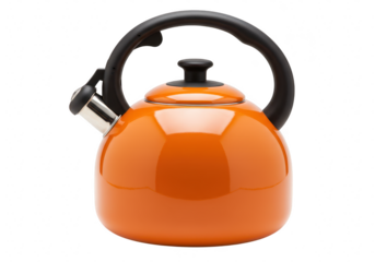 Orange enamel kettle with black handle for boiling water, isolated on transparent background