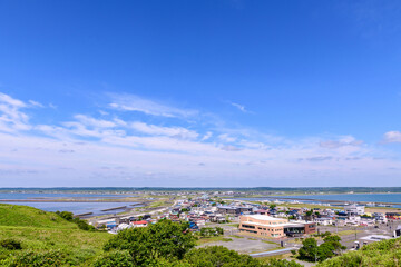 Scenic View of Hamanaka Town and the Sea under Blue Sky, Hokkaido
