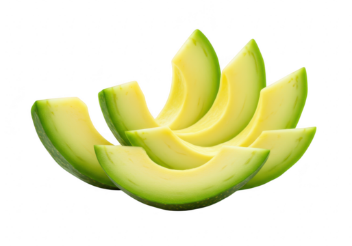 Several slices of fresh green avocado arranged in a fan shape, isolated on transparent background