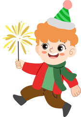 Cheerful Cartoon Boy Celebrating with Sparkler at New Year Party Celebration