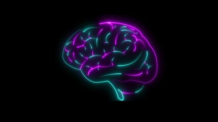 Low poly wireframe brain with connection dots glowing on black background. Continuous one single line drawing brain icon neon glow.black background. Continuous one single line drawing brain icon 4k - Powered by Adobe