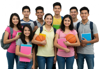 A diverse group of smiling young asian students holding books and basketballs, isolated on transparent background