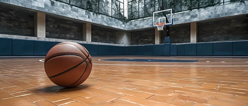 Basketball court with ball, hoop, and tribune mockup.