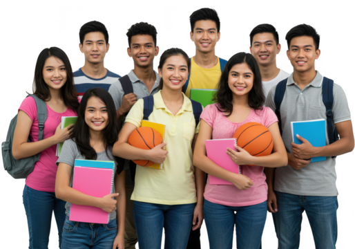 A diverse group of smiling young asian students holding books and basketballs, isolated on transparent background