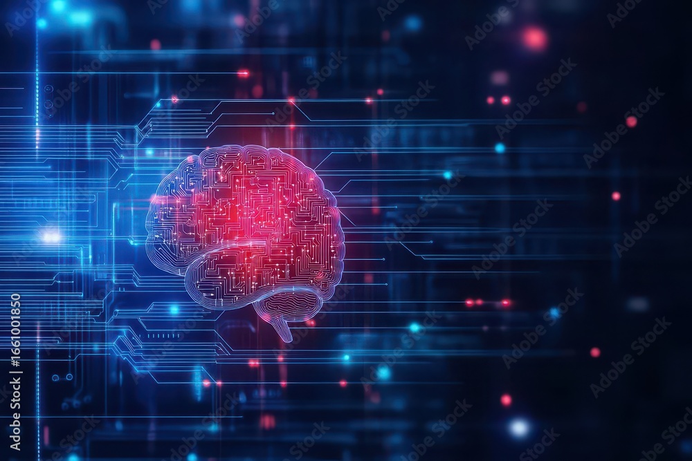 Aufkleber digital illustration of human brain with network connections and data lines in futuristic technology