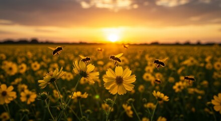Fototapeta premium Honeybees gather nectar in a field of golden coreopsis flowers at sunset