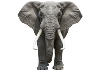 Front view of a large african elephant with tusks and large ears isolated on transparent background