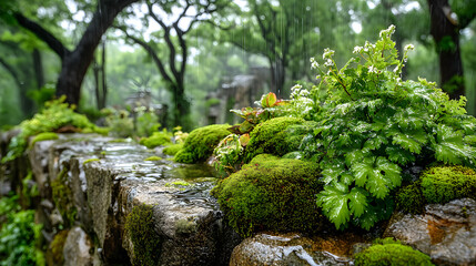 Tranquil Rainy Countryside Village Lush greenery thriving on a stone wall. Misty Green Fields in Rain Quiet Rural Homes Monsoon Season