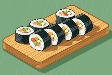 Kimbap rolls, a Korean dish, presented on a wooden tray.