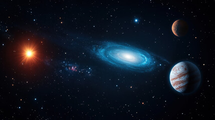 Mesmerizing cosmic scene featuring spiral galaxy surrounded by stars, glowing red star, and planets with unique textures and colors, evoking sense of wonder and vastness