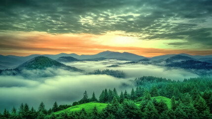 Rolling hills covered in lush green forests under vibrant sunrise, with blanket of fog creating serene and mystical atmosphere