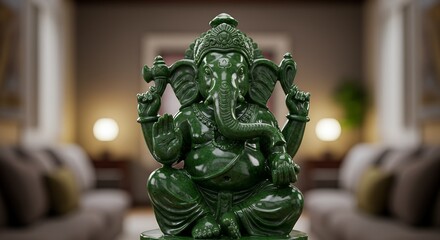 Fototapeta premium Close-up of a green Ganesha statue sitting in a modern living room with warm lighting.