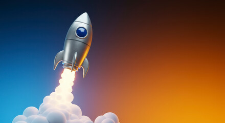 A Shiny Silver Rocket Blasts Off Into the Sky Creating a Trail of White Smoke