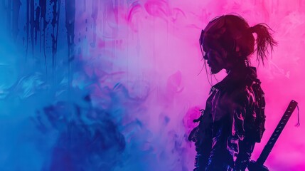 Silhouette of a woman with a katana against a background of blue and pink smoke and dripping liquid