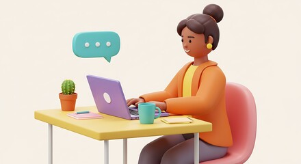 Cartoon Woman Working From Home On Laptop With Speech Bubble And Cactus For a Modern Workplace
