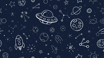 A whimsical space pattern featuring hand drawn planets stars rockets and ufos on a dark blue background design