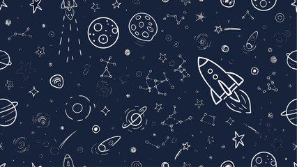 Illustration of a seamless space pattern with rockets planets stars and constellations on a dark blue background