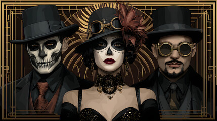 1920s Halloween art showcases trio in elegant costumes with striking masks and accessories, embodying mysterious and festive spirit
