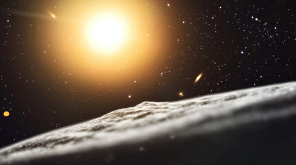 Naklejka premium Glowing sun illuminates textured planetary surface with backdrop of stars and distant galaxies, evoking sense of cosmic wonder and vastness