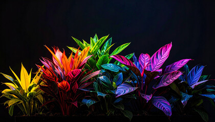 A row of tropical foliage plants is dramatically illuminated in a vibrant rainbow spectrum, creating a high-contrast, mysterious glow against a deep black background.