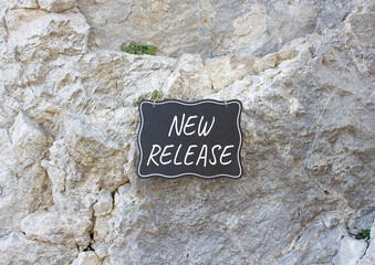 New Release symbol. Stone wall with words New Release. Beautiful stone background. Business and New...