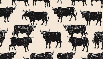 Pattern of Black Bulls with Large Horns on a Light Background.