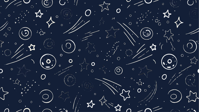 Aesthetic seamless pattern featuring stars comets and celestial bodies on a dark blue colored background